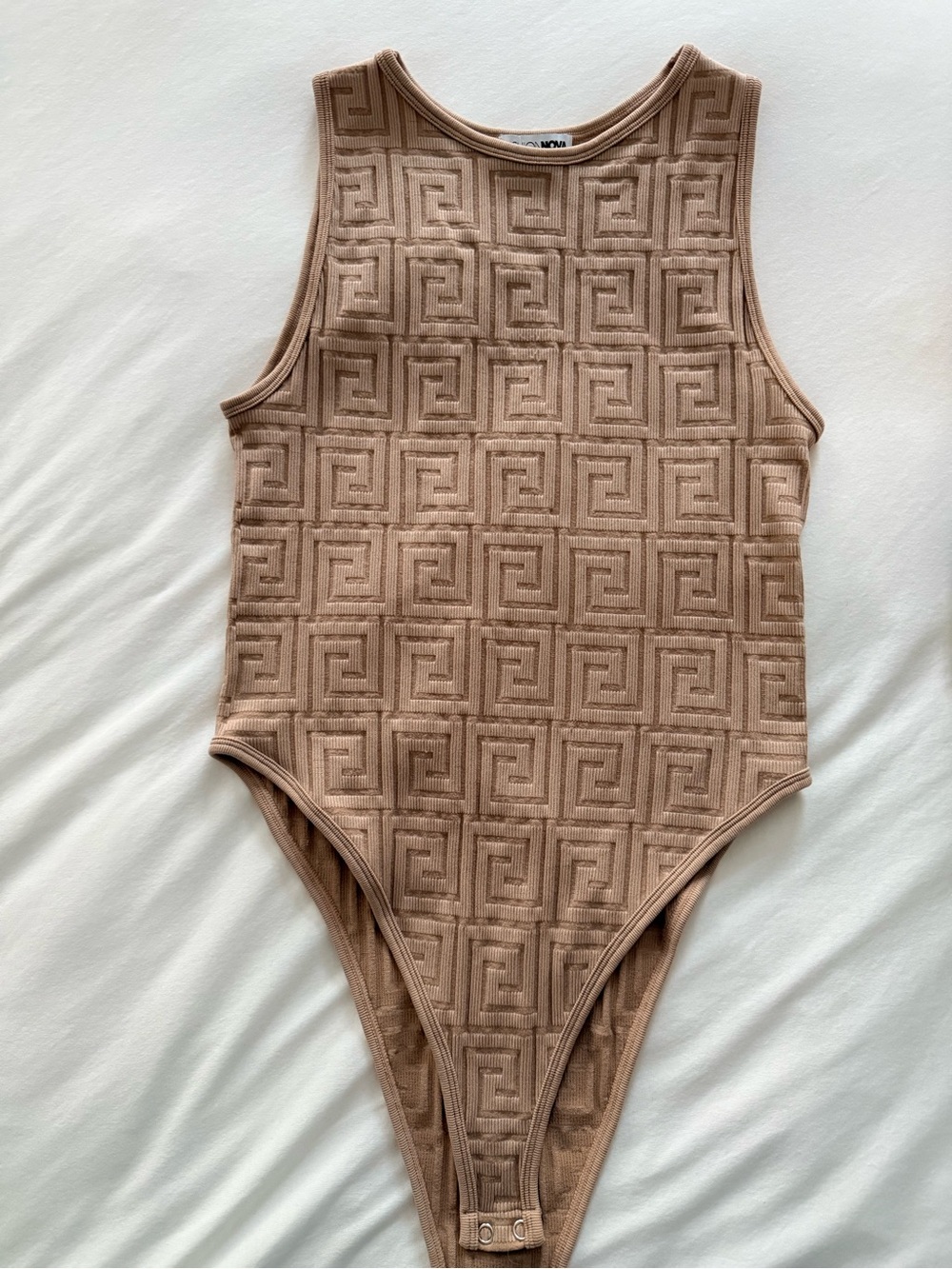 Women’s One-Piece Bodysuit in Light Brown with Textured Geometric Pattern